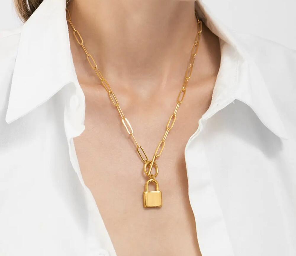 14k Yellow Gold Coins Plated Lock Paper Clip Chain Toggle Necklace